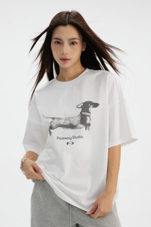 Dachshund Print Short Sleeve T-Shirt, Round Neck, Loose Fit, Casual Summer Wear, Comfortable Commuting Style, Pet Lover Tee