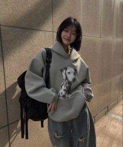 Dalmatian Print Hooded Fleece Jacket for Women, Loose Fit Heavyweight Sweatshirt, Casual Lazy Style, Trendy Celebrity Look