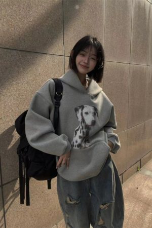 Dalmatian Print Hooded Fleece Jacket for Women, Loose Fit Heavyweight Sweatshirt, Casual Lazy Style, Trendy Celebrity Look