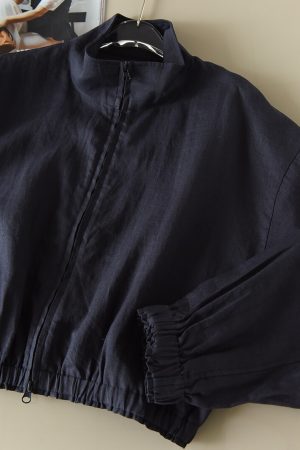 Dark Blue 100% Ramie Stand Collar Long Sleeve Short Jacket for Commuting - Early Autumn Fashion, Casual Chic Outerwear
