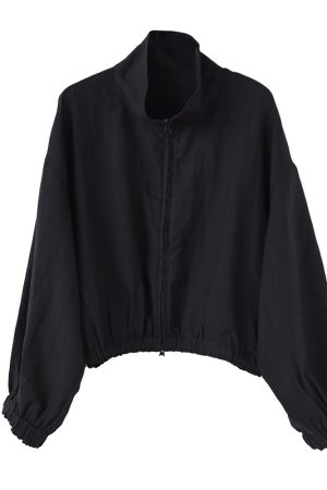 Dark Blue 100% Ramie Stand Collar Long Sleeve Short Jacket for Commuting - Early Autumn Fashion, Casual Chic Outerwear