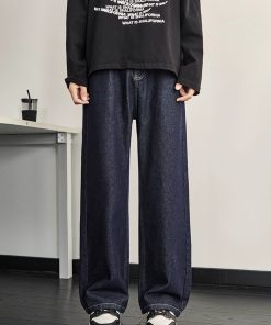 Dark Blue Denim Men's Wide-Leg Pants - Vintage Inspired Slim Straight Fit for Spring, 90s Style Fashion