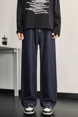 Dark Blue Denim Men's Wide-Leg Pants - Vintage Inspired Slim Straight Fit for Spring, 90s Style Fashion
