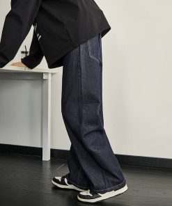 Dark Blue Denim Men's Wide-Leg Pants - Vintage Inspired Slim Straight Fit for Spring, 90s Style Fashion