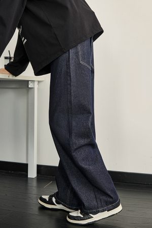 Dark Blue Denim Men's Wide-Leg Pants - Vintage Inspired Slim Straight Fit for Spring, 90s Style Fashion
