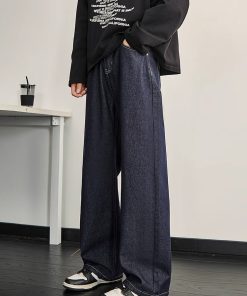 Dark Blue Denim Men's Wide-Leg Pants - Vintage Inspired Slim Straight Fit for Spring, 90s Style Fashion