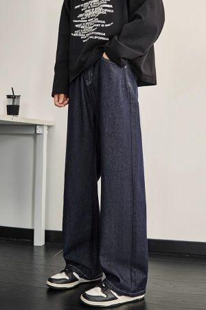 Dark Blue Denim Men's Wide-Leg Pants - Vintage Inspired Slim Straight Fit for Spring, 90s Style Fashion