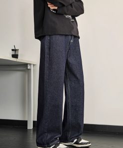 Dark Blue Denim Men's Wide-Leg Pants - Vintage Inspired Slim Straight Fit for Spring, 90s Style Fashion