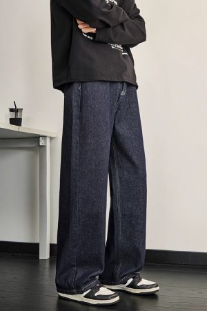 Dark Blue Denim Men's Wide-Leg Pants - Vintage Inspired Slim Straight Fit for Spring, 90s Style Fashion