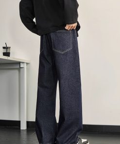 Dark Blue Denim Men's Wide-Leg Pants - Vintage Inspired Slim Straight Fit for Spring, 90s Style Fashion