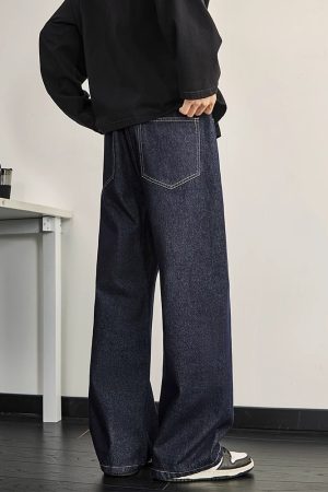Dark Blue Denim Men's Wide-Leg Pants - Vintage Inspired Slim Straight Fit for Spring, 90s Style Fashion
