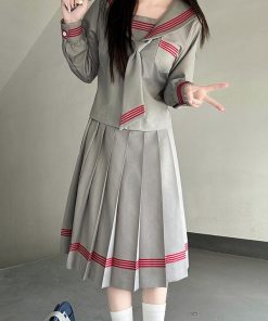 Dark Blue Japanese Style Long Sleeve JK Uniform Set for Women - Pudding Bear Inspired Spring Fashion