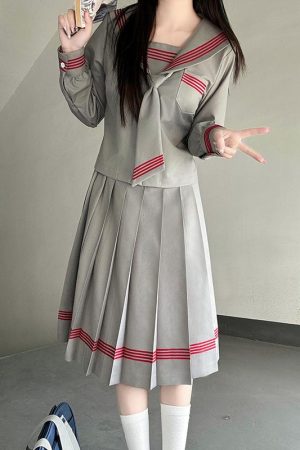 Dark Blue Japanese Style Long Sleeve JK Uniform Set for Women - Pudding Bear Inspired Spring Fashion