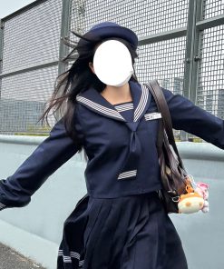 Dark Blue Japanese Style Long Sleeve JK Uniform Set for Women - Pudding Bear Inspired Spring Fashion