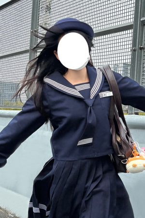 Dark Blue Japanese Style Long Sleeve JK Uniform Set for Women - Pudding Bear Inspired Spring Fashion