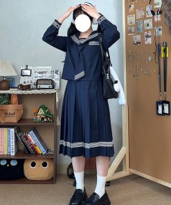 Dark Blue Japanese Style Long Sleeve JK Uniform Set for Women - Pudding Bear Inspired Spring Fashion