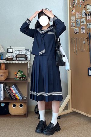 Dark Blue Japanese Style Long Sleeve JK Uniform Set for Women - Pudding Bear Inspired Spring Fashion