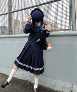 Dark Blue Japanese Style Long Sleeve JK Uniform Set for Women - Pudding Bear Inspired Spring Fashion