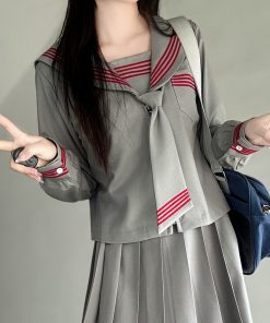 Dark Blue Japanese Style Long Sleeve JK Uniform Set for Women - Pudding Bear Inspired Spring Fashion