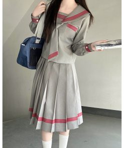 Dark Blue Japanese Style Long Sleeve JK Uniform Set for Women - Pudding Bear Inspired Spring Fashion