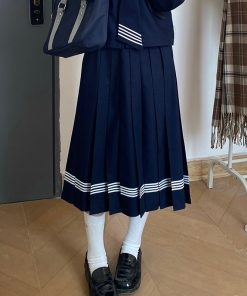 Dark Blue Japanese Style Long Sleeve JK Uniform Set for Women - Pudding Bear Inspired Spring Fashion