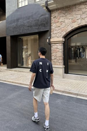 Dark Blue Letter Print Short Sleeve T-Shirt for Men - Summer Casual Loose Fit, 90s American Style, Trendy Everyday Wear