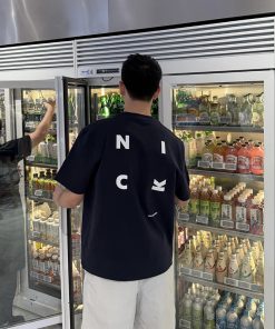 Dark Blue Letter Print Short Sleeve T-Shirt for Men - Summer Casual Loose Fit, 90s American Style, Trendy Everyday Wear