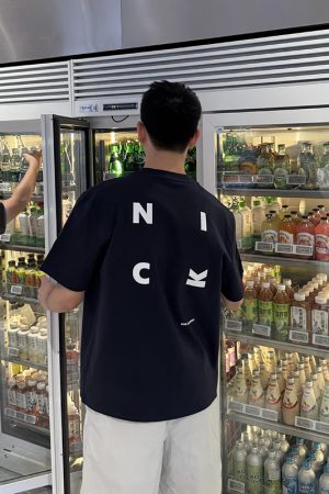 Dark Blue Letter Print Short Sleeve T-Shirt for Men - Summer Casual Loose Fit, 90s American Style, Trendy Everyday Wear