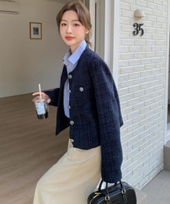 Dark Blue Short Chanel-Style Coat for Women, 2025 Spring Autumn Fashion, Unique Fit for Petite Sizes, Trendy Elegant Outerwear