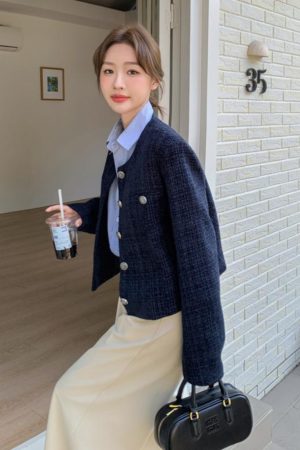 Dark Blue Short Chanel-Style Coat for Women, 2025 Spring Autumn Fashion, Unique Fit for Petite Sizes, Trendy Elegant Outerwear