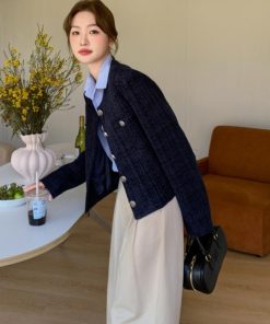 Dark Blue Short Chanel-Style Coat for Women, 2025 Spring Autumn Fashion, Unique Fit for Petite Sizes, Trendy Elegant Outerwear
