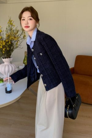 Dark Blue Short Chanel-Style Coat for Women, 2025 Spring Autumn Fashion, Unique Fit for Petite Sizes, Trendy Elegant Outerwear