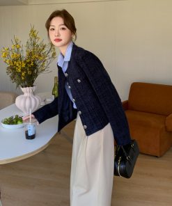 Dark Blue Short Chanel-Style Coat for Women, 2025 Spring Autumn Fashion, Unique Fit for Petite Sizes, Trendy Elegant Outerwear