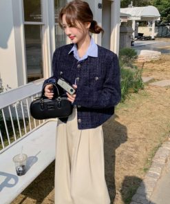 Dark Blue Short Chanel-Style Coat for Women, 2025 Spring Autumn Fashion, Unique Fit for Petite Sizes, Trendy Elegant Outerwear