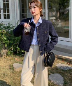 Dark Blue Short Chanel-Style Coat for Women, 2025 Spring Autumn Fashion, Unique Fit for Petite Sizes, Trendy Elegant Outerwear