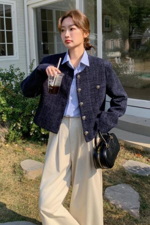 Dark Blue Short Chanel-Style Coat for Women, 2025 Spring Autumn Fashion, Unique Fit for Petite Sizes, Trendy Elegant Outerwear