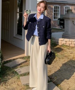 Dark Blue Short Chanel-Style Coat for Women, 2025 Spring Autumn Fashion, Unique Fit for Petite Sizes, Trendy Elegant Outerwear