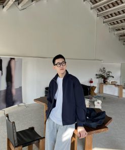 Dark Blue Stand Collar Cardigan Sweatshirt for Men - Korean Style Casual Loose Jacket for Winter