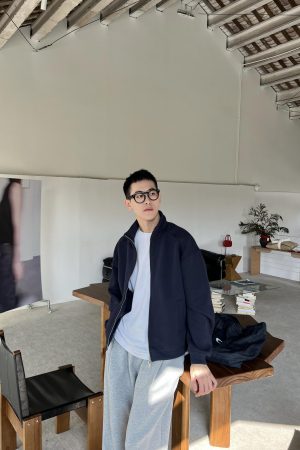 Dark Blue Stand Collar Cardigan Sweatshirt for Men - Korean Style Casual Loose Jacket for Winter