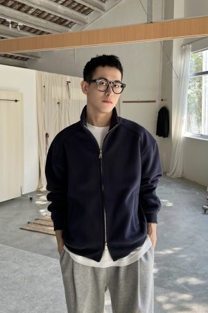 Dark Blue Stand Collar Cardigan Sweatshirt for Men - Korean Style Casual Loose Jacket for Winter
