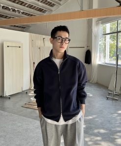 Dark Blue Stand Collar Cardigan Sweatshirt for Men - Korean Style Casual Loose Jacket for Winter