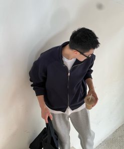 Dark Blue Stand Collar Cardigan Sweatshirt for Men - Korean Style Casual Loose Jacket for Winter