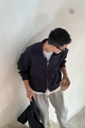 Dark Blue Stand Collar Cardigan Sweatshirt for Men - Korean Style Casual Loose Jacket for Winter