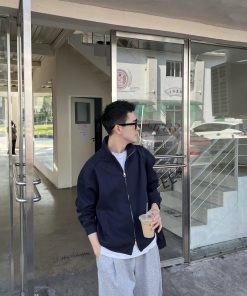 Dark Blue Stand Collar Cardigan Sweatshirt for Men - Korean Style Casual Loose Jacket for Winter