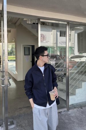 Dark Blue Stand Collar Cardigan Sweatshirt for Men - Korean Style Casual Loose Jacket for Winter