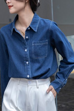 Dark Blue Vintage Layered Denim Shirt for Women - Soft Autumn Winter 2025 Style for Petite Fashion Enthusiasts