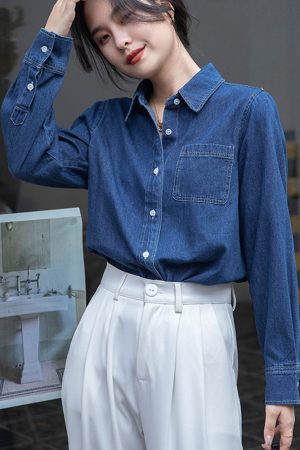 Dark Blue Vintage Layered Denim Shirt for Women - Soft Autumn Winter 2025 Style for Petite Fashion Enthusiasts