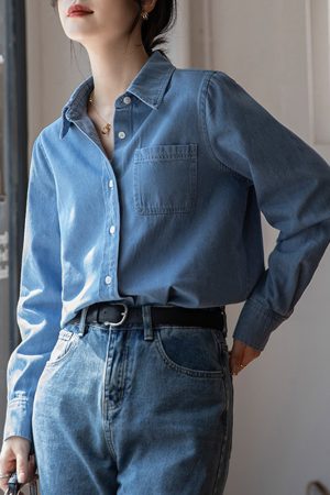 Dark Blue Vintage Layered Denim Shirt for Women - Soft Autumn Winter 2025 Style for Petite Fashion Enthusiasts
