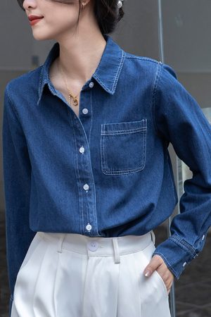 Dark Blue Vintage Layered Denim Shirt for Women - Soft Autumn Winter 2025 Style for Petite Fashion Enthusiasts
