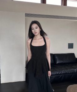 Dark Floral Jacquard Halter Top - Irregular Design with Waist Cinching, Boho Chic Rattan Style, Perfect for Summer Outfits